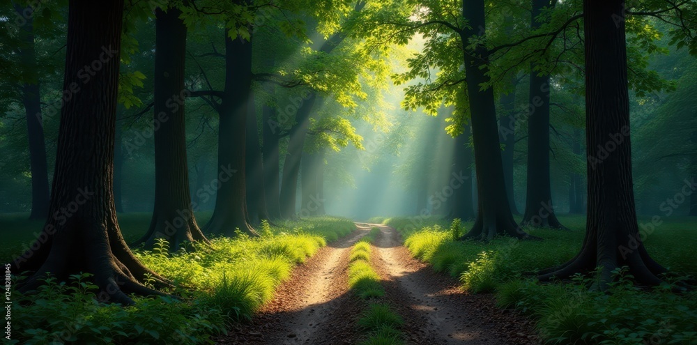 Obraz premium Ancient trees frame a shadowed forest crossroads , light, deep, brown