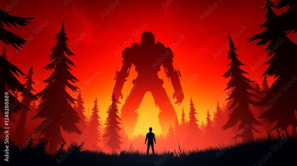 Fototapeta premium A lone figure stands before a colossal robot in a fiery landscape surrounded by silhouetted trees evoking a sense of daunting confrontation