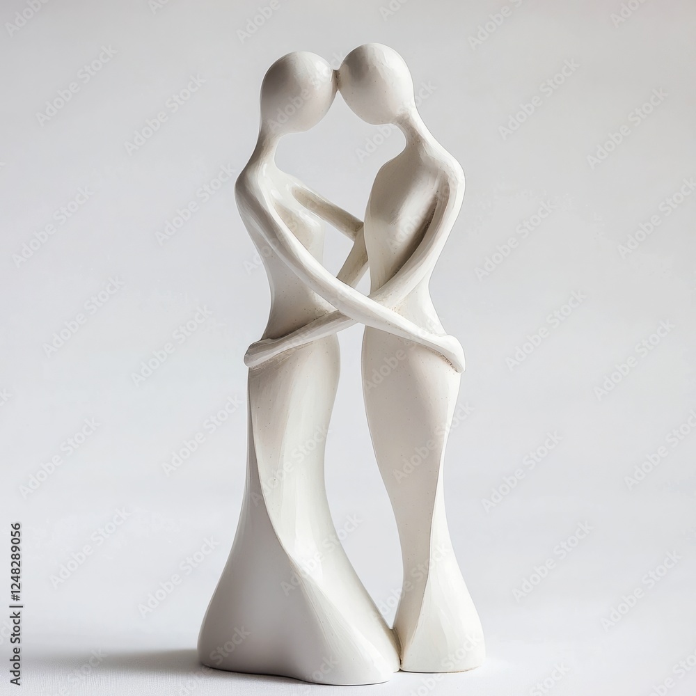 A simple couple figurine with flowing lines, hands joined in a tender moment, on isolated white background A simple couple figurine with flowing lines, hands joined in a tender moment, on isolated white background
