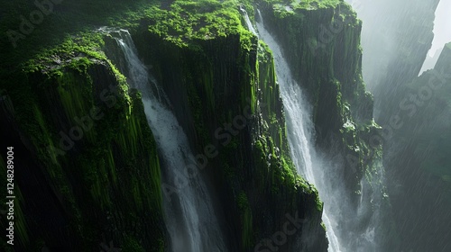 Majestic waterfall cascading down rocky cliffs, lush greenery surrounding the water, peaceful nature retreat inviting exploration.