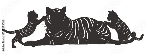 トラの親子が戯れているモノクロイラスト