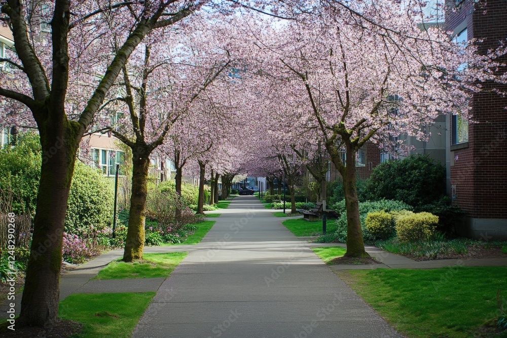Cherry blossom trees lining a tranquil pathway Cherry blossom trees lining a tranquil pathway