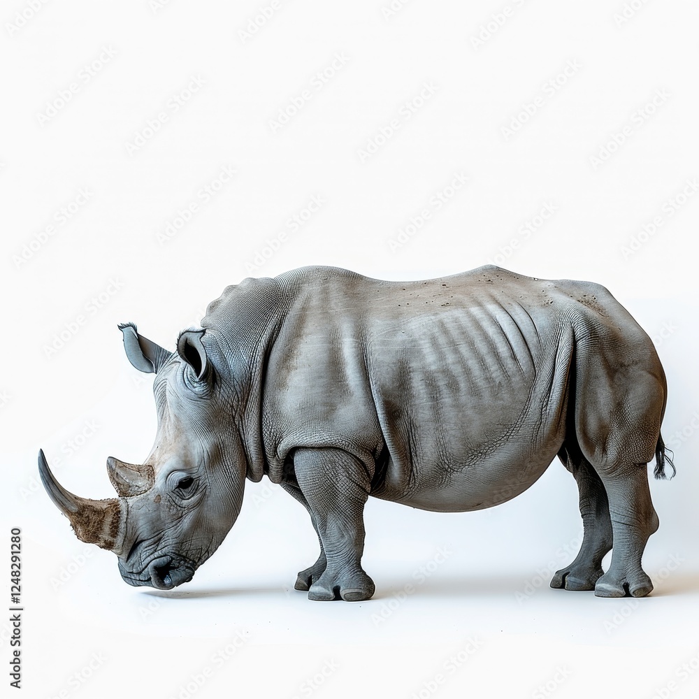 Fototapeta premium Rhinoceros prominently featured against a pristine white background for stunning visual impact