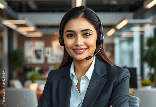 asistencia al cliente o agente de ventas femenino. Operador telefónico de llamada o recepcionista photo