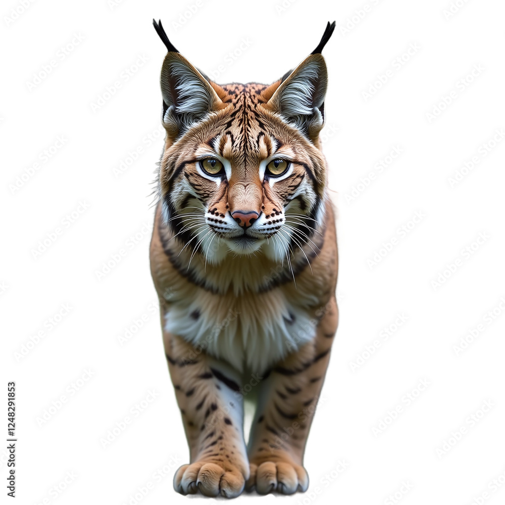 Close-up portrait of a Eurasian lynx walking towards the camera, cut out against a black background. Close-up portrait of a Eurasian lynx walking towards the camera, cut out against a black background.