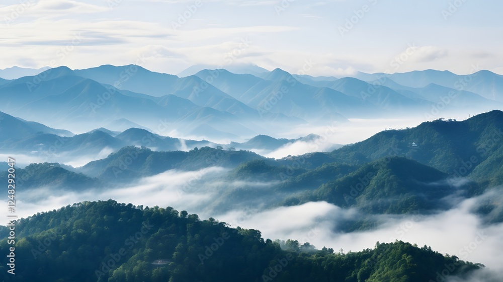 Misty mountain peaks shrouded in clouds rise into the sky creating a serene and landscape in a remote wilderness setting Misty mountain peaks shrouded in clouds rise into the sky creating a serene and landscape in a remote wilderness setting