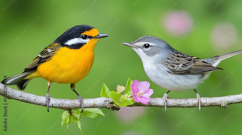 Fototapeta premium Sweet Moment of Two Birds Sharing Love in a Beautiful Floral Setting