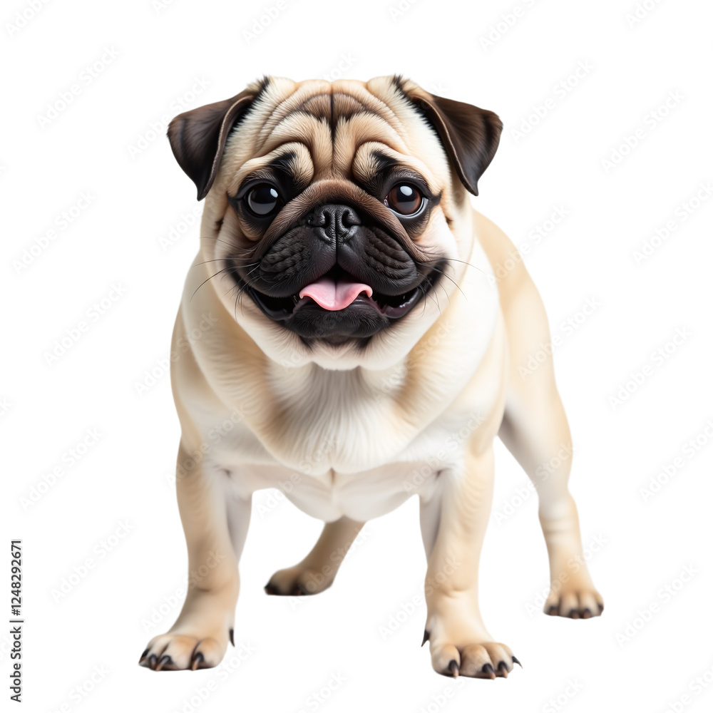 A realistic illustration of a cute fawn pug standing and looking at the camera. A realistic illustration of a cute fawn pug standing and looking at the camera.