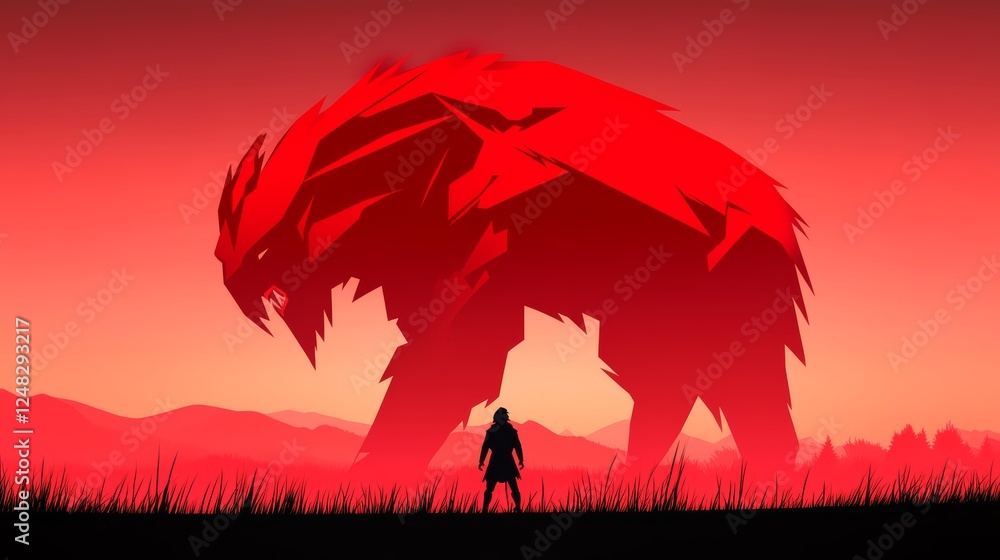 Naklejka premium A solitary figure faces a gigantic crimson beast silhouetted against a fiery sunset creating an intense and dramatic confrontation