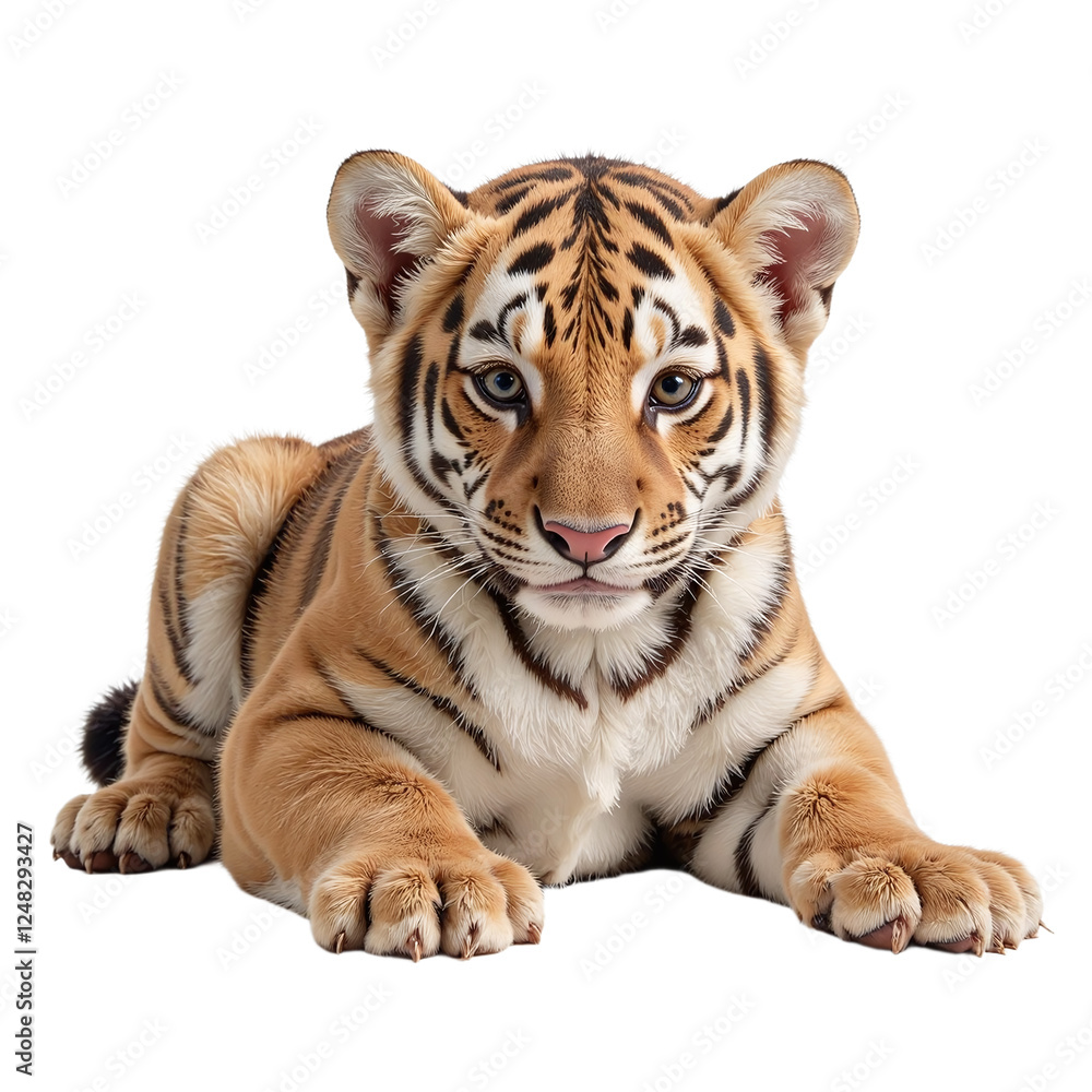Obraz premium Adorable tiger cub lying down, looking at the camera. Cutout image.