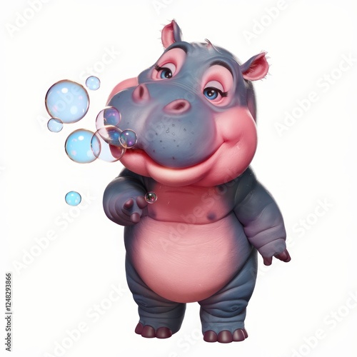 cute cartoon hippopotamus blowing bubbles. It has pink skin, big eyes, and a sweet expression. The hippo is blowing bubbles with a straw, and they are floating in the air.   photo