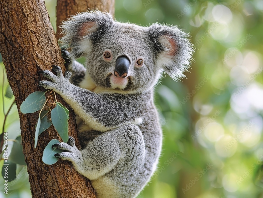 Fototapeta premium Curious Koala Clinging to Eucalyptus Tree Munching on Leaves in Natural Habitat