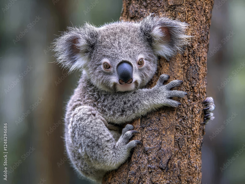 Obraz premium Curious Koala Clinging to Eucalyptus Tree Munching on Leaves