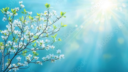 Beautiful spring blossoms under bright sunlight with soft blue background