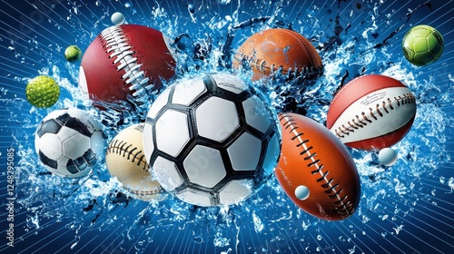 Fototapeta Naklejka Na Ścianę i Meble -  Variety of sports balls in water splash background