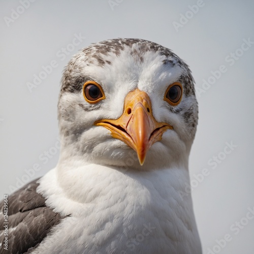 A cute, cartoon-style seagull with large expressive eyes and a friendly demeanor, standing confidently against a white background.
