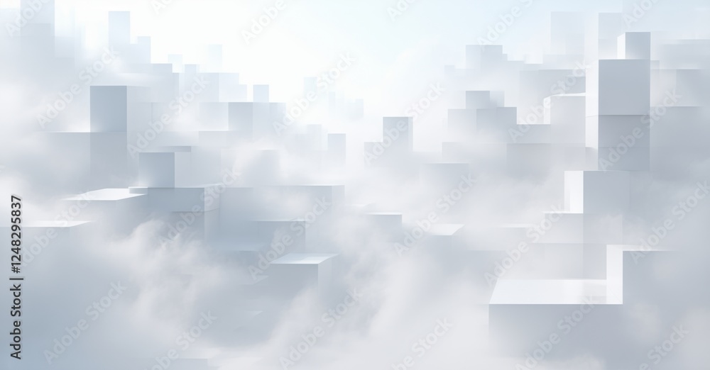 Geometric cityscape of white structures fading into fog, creating a minimalist abstract scene with soft gradients and clean lines, evoking a sense of serene vastness Geometric cityscape of white structures fading into fog, creating a minimalist abstract scene with soft gradients and clean lines, evoking a sense of serene vastness