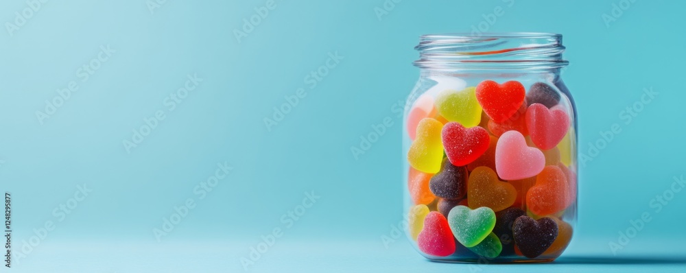 Colorful Heart-Shaped Gummies in Glass Jar Against Blue Background Colorful Heart-Shaped Gummies in Glass Jar Against Blue Background