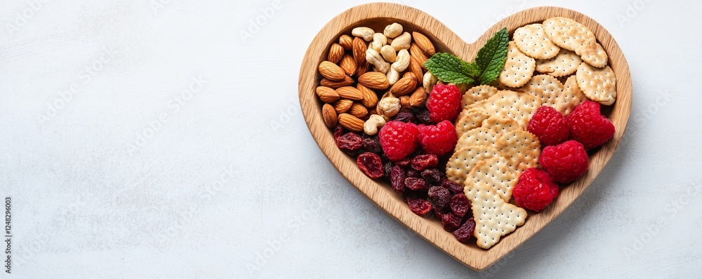 Heart-Shaped Bowl Filled With Healthy Nuts, Berries, and Crackers Heart-Shaped Bowl Filled With Healthy Nuts, Berries, and Crackers