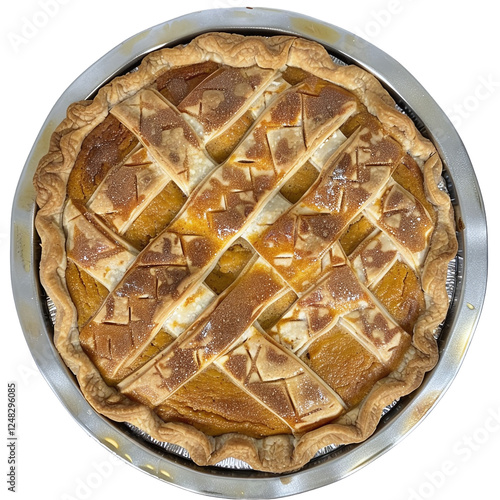 Overhead shot of a delicious homemade pumpkin pie with a lattice crust. photo