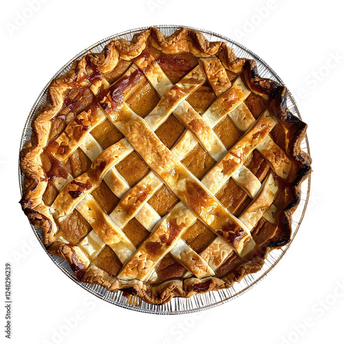 A delicious homemade pumpkin pie with a lattice crust, photographed from above against a cutout background. photo