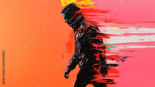 A figure strides forward fragmented yet resolute The painting blends form with abstract expression emotion conveyed through color and movement