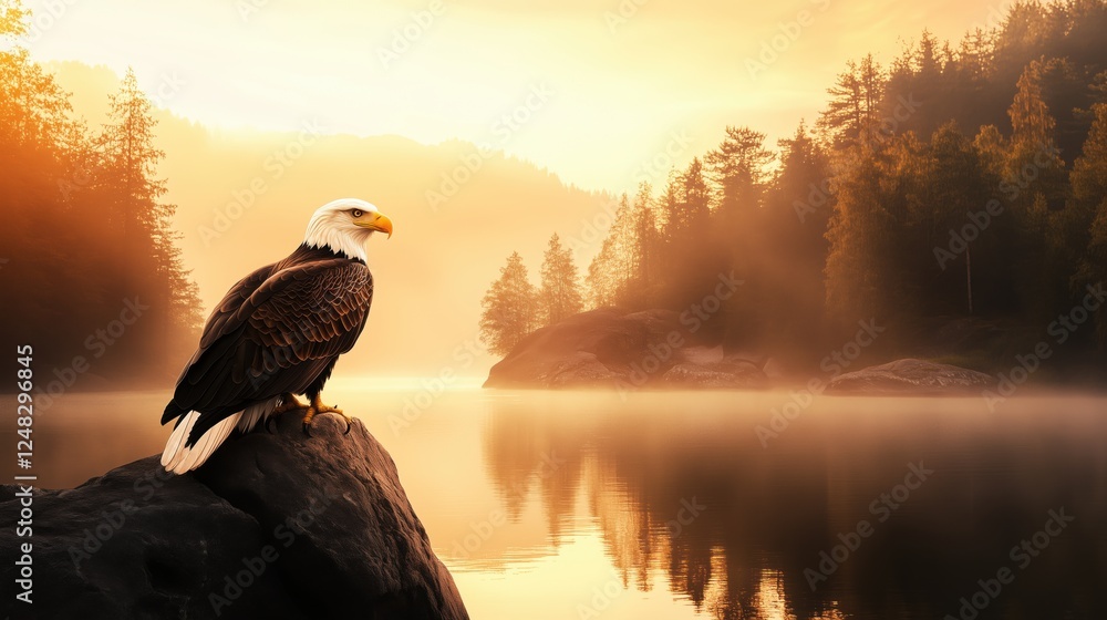 Fototapeta premium Majestic bald eagle perched on a rocky outcrop at sunrise beside a tranquil lake