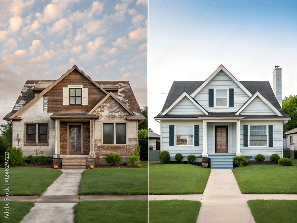 Obraz premium A split-screen image of a house before and after renovation. The left side shows a worn-out exterior, while the right side displays a beautifully restored modern home with fresh paint and landscaping.