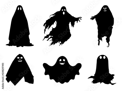 Set of Ghost Halloween Horror Silhouette in various poses isolated on white background