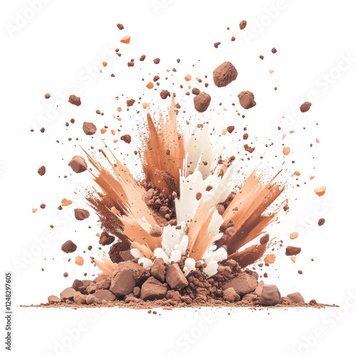 A dynamic explosion of dust and debris, showcasing a burst of color and texture with particles scattering outward.