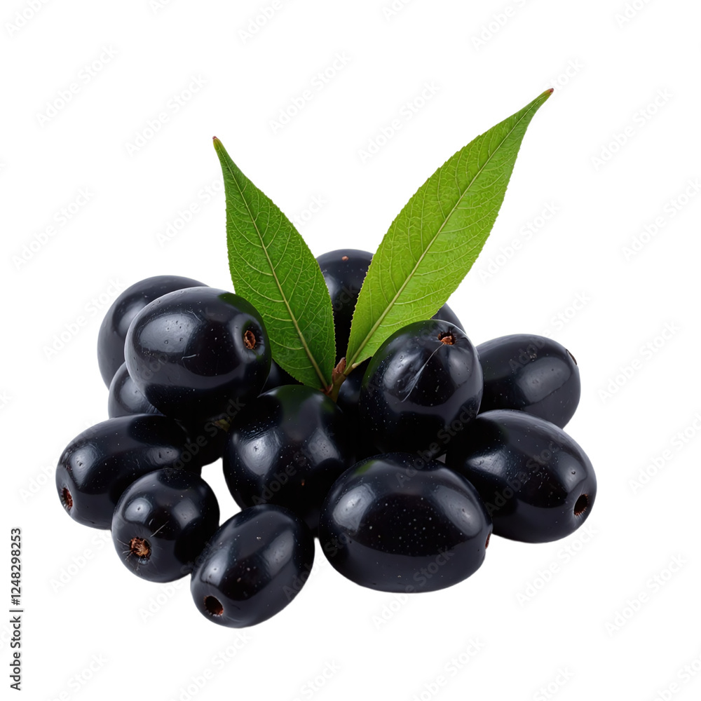 Closeup of a pile of shiny black java plums with green leaves against a cut out background.