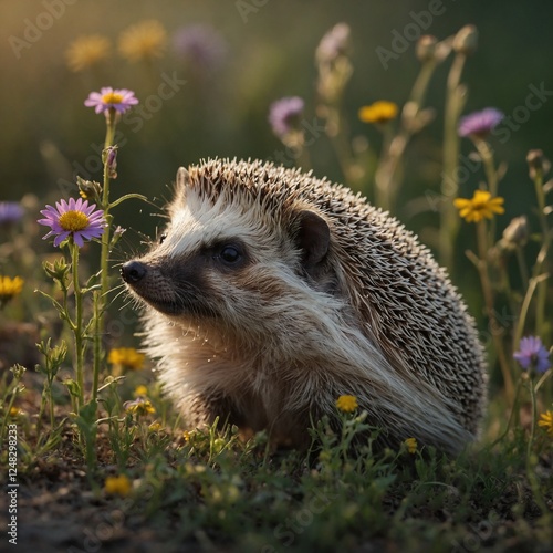 A tiny hedgehog sniffing a wildflower, capturing the beauty of small creatures in nature.