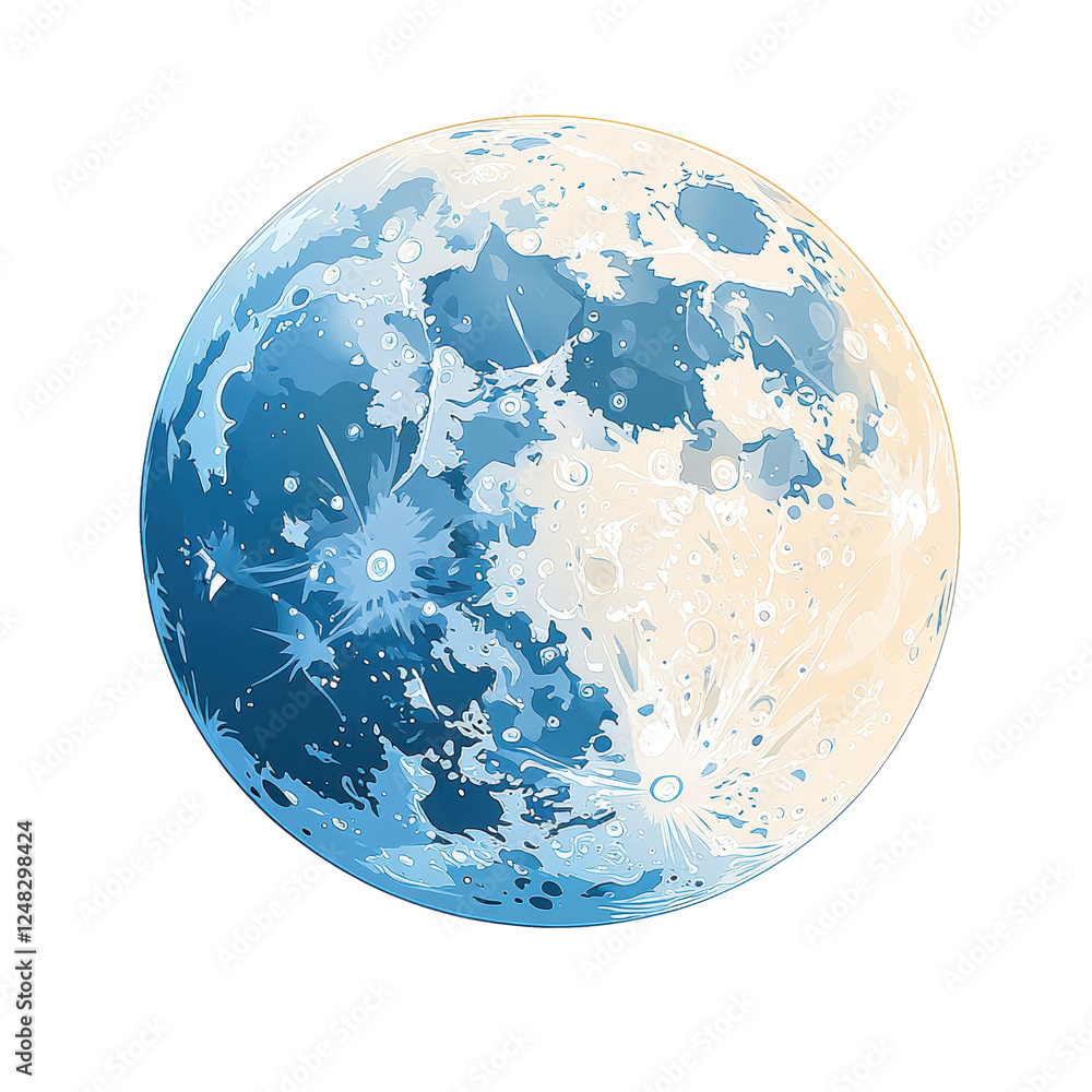 A detailed illustration of the moon featuring various shades of blue and white, showcasing its craters and surface texture. A detailed illustration of the moon featuring various shades of blue and white, showcasing its craters and surface texture.