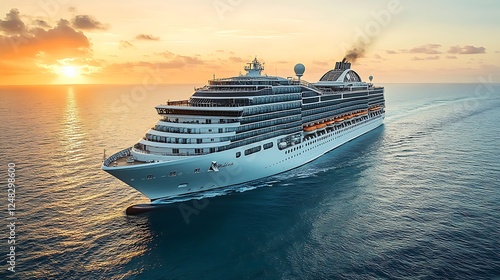 Majestic Cruise Ship Sailing at Sunset Ocean Voyage