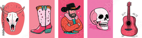 Wild west cartoon design element set. Western cowboy illustrations