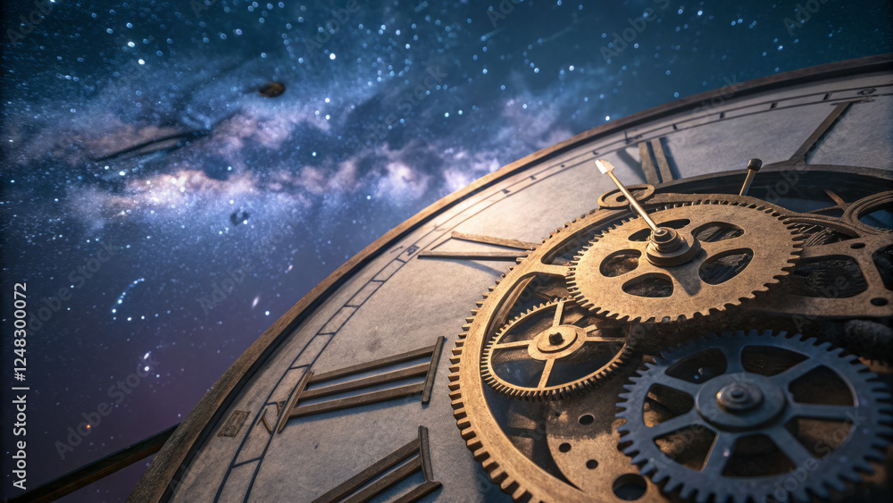 Obraz premium stunning high angle view of clock mechanisms against starry night sky
