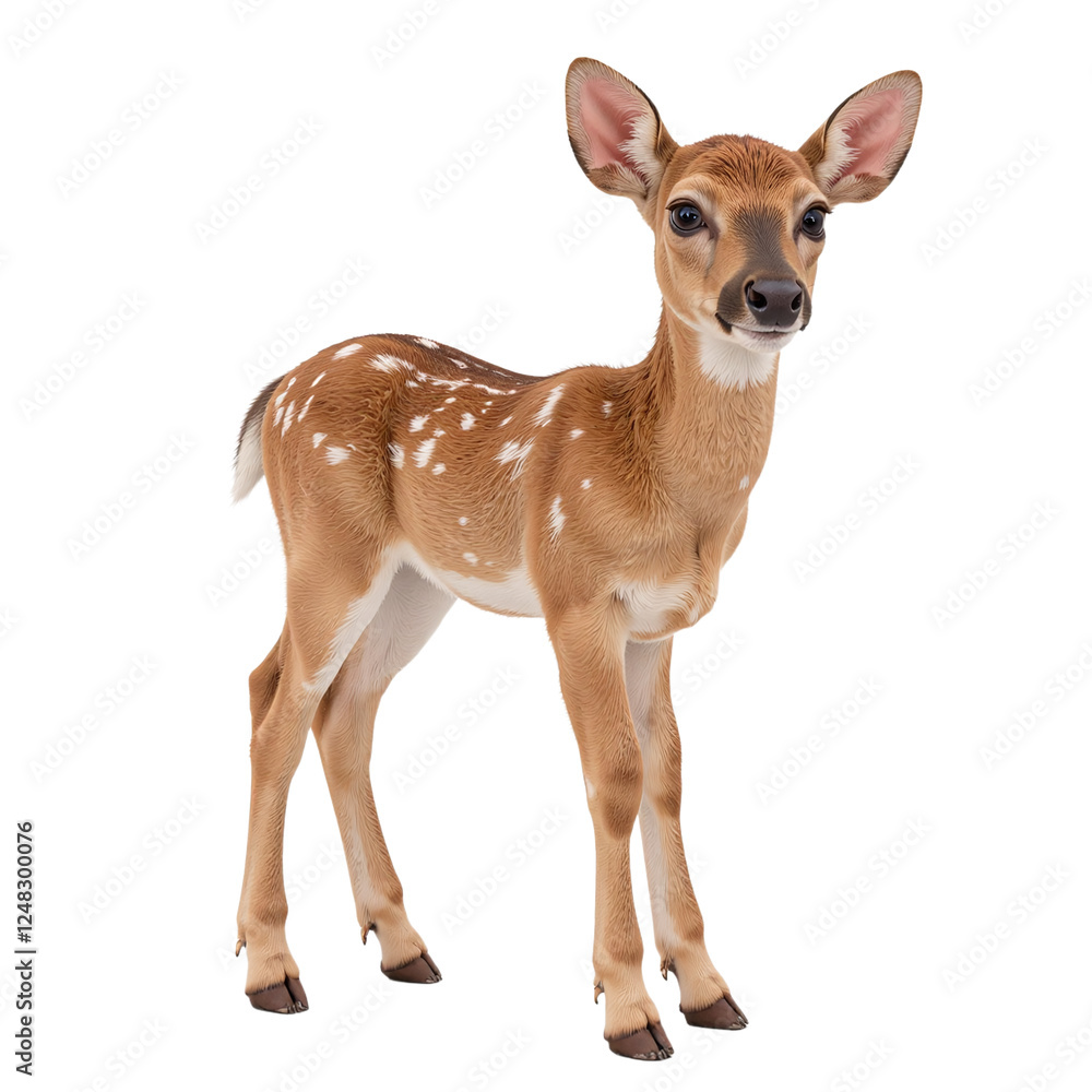 Cutout image of an adorable young fawn standing on a white background. Cutout image of an adorable young fawn standing on a white background.