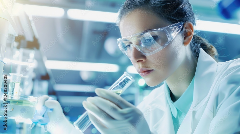 Focused Female Scientist Analyzing Sample In Lab Focused Female Scientist Analyzing Sample In Lab
