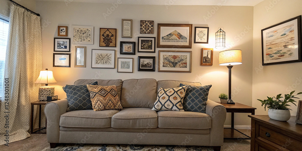 Fototapeta premium A living room with a couch and a wall of framed art
