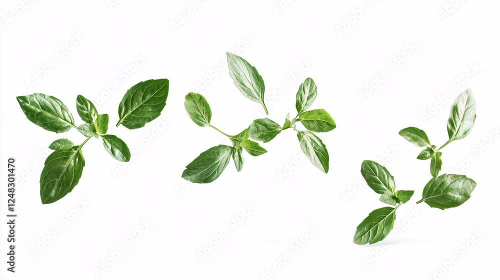 Fototapeta premium Fresh basil, mint, and rosemary sprigs elegantly float against a white backdrop, highlighting their vibrant green hues and delicate textures, ideal for culinary or wellness concepts.