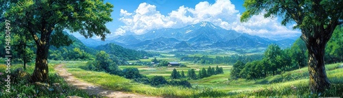 Lush valley, mountain view, scenic landscape, peaceful