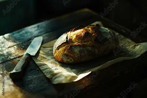 A golden artisanal loaf of freshly baked bread exudes warmth on a rustic wooden table, its glistening crust invitingly ready for slicing. photo