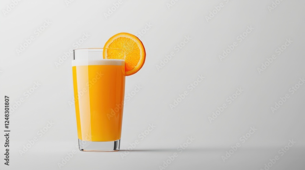 Glass of fresh orange juice with a slice of orange on a wooden table in bright natural lighting Glass of fresh orange juice with a slice of orange on a wooden table in bright natural lighting