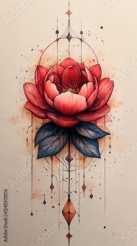 Vibrant red lotus flower illustration with intricate geometric patterns and soft watercolor splashes