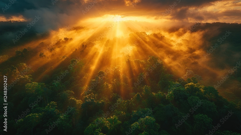 Fototapeta premium Aerial Sunrise Beams Forest Mist Mystical Landscape