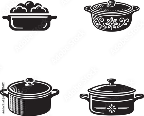 Silhouette Collection of Various Cooking Pots and Casserole Dishes