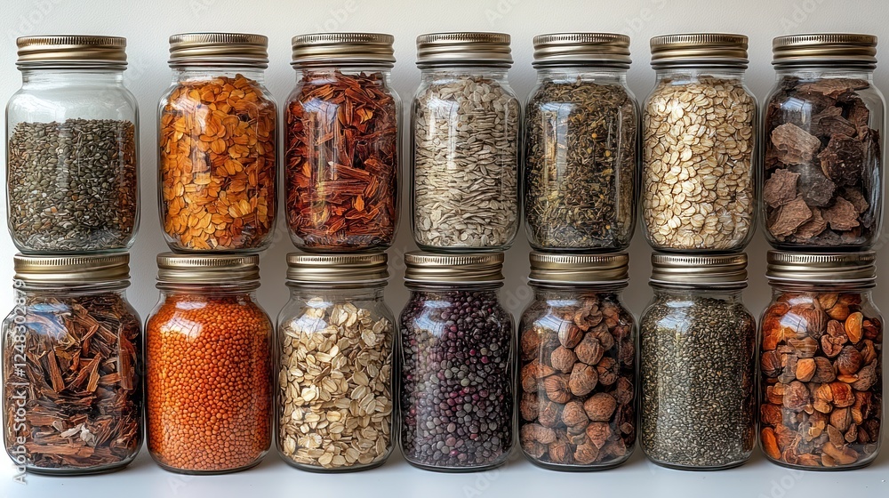 Glass jars, various seeds, spices, studio, storage, food Glass jars, various seeds, spices, studio, storage, food