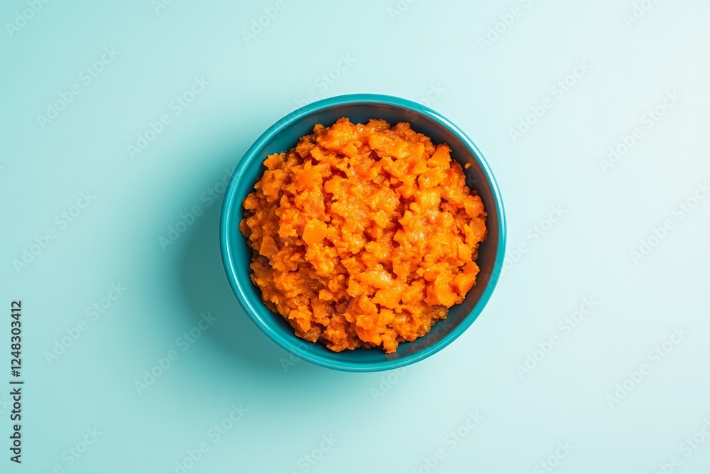 Carrot dish in teal bowl on light blue background Carrot dish in teal bowl on light blue background