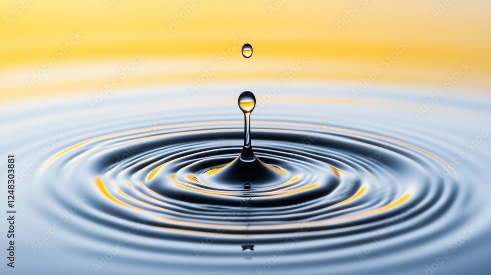 Close-up of a water droplet creating ripples on a calm surface with a golden background. Depicts serenity, nature, and minimalism. Close-up of a water droplet creating ripples on a calm surface with a golden background. Depicts serenity, nature, and minimalism.