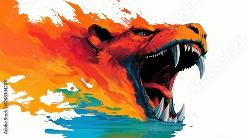 Colorful digital painting of an animal snarling ferociously with vibrant orange red and blue hues merging in a dynamic display photo